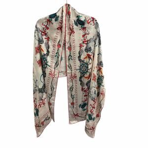 Roberto Cavalli Seashell Beaded Frog Print Coastal Theme Silk Scarf White Red